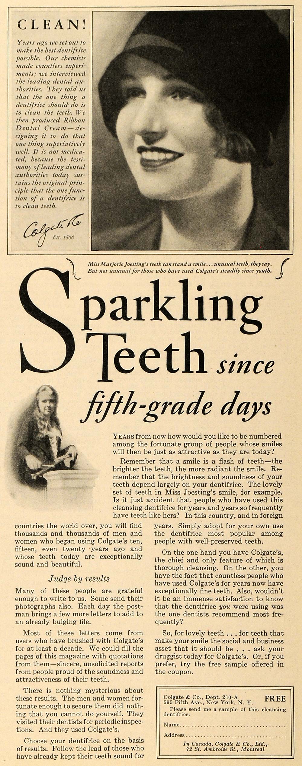 1928 Ad Colgate Ribbon Dental Cream Marjorie Joesting - ORIGINAL MCC2