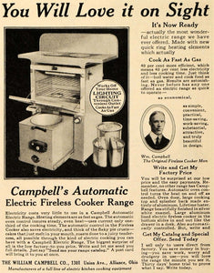 1928 Ad William Campbell Electric Fireless Cooker Range - ORIGINAL MCC2