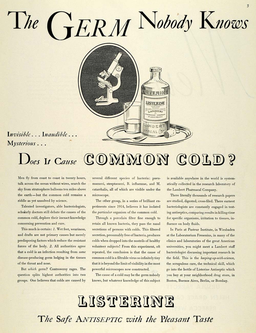 1934 Ad Listerine Lambert Common Cold Germ Microscope - ORIGINAL MCC4