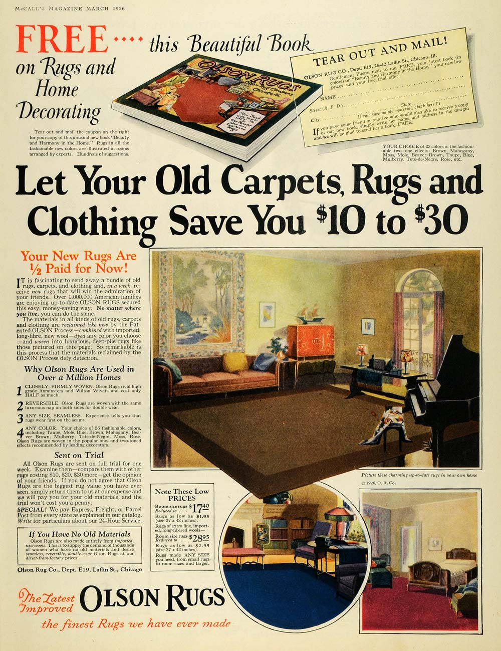 1926 Ad Olson Rugs Floor Coverings Home Decor Pricing - ORIGINAL MCC4