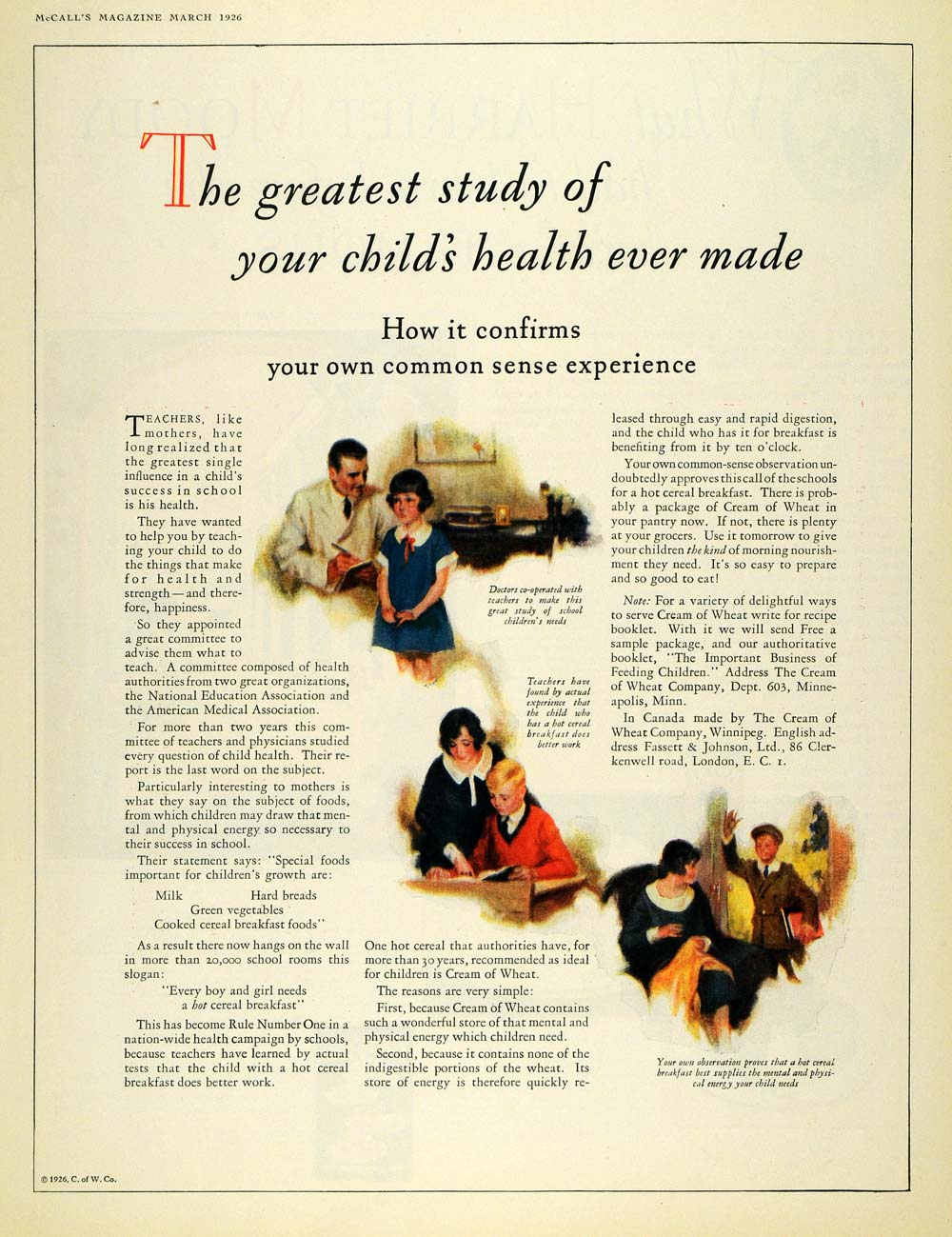 1926 Ad Cream Wheat Child Health Study Fassett Johnson - ORIGINAL MCC4