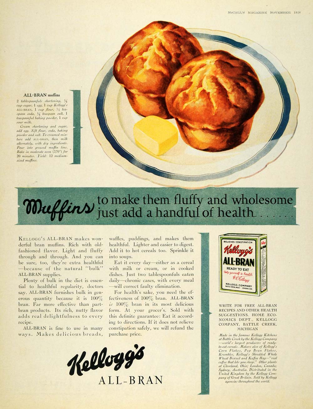 1928 Ad Kellogg's All Bran Cereal Breakfast Muffins Kid - ORIGINAL MCC4