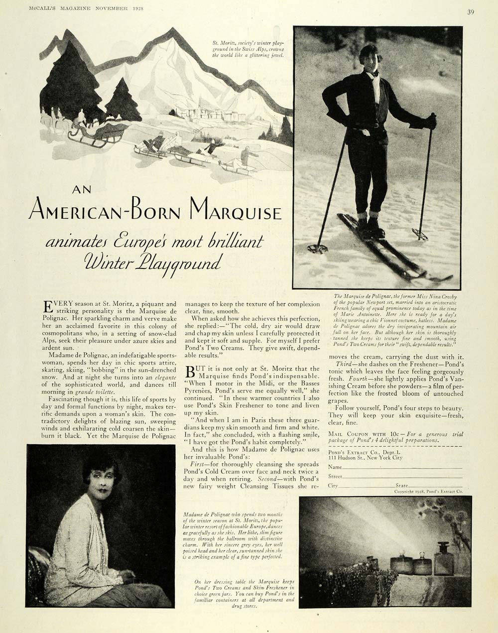 1928 Ad Ponds Soap Face Cream Skin Cleanser Skiing Alps - ORIGINAL MCC4