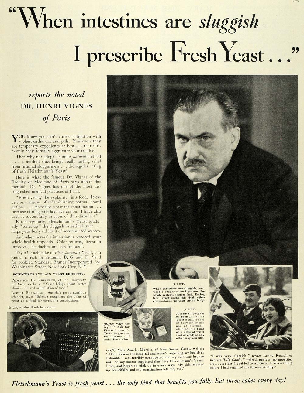 1931 Ad Fleischman Yeast Intestine Doctor Henri Vignes - ORIGINAL MCC4