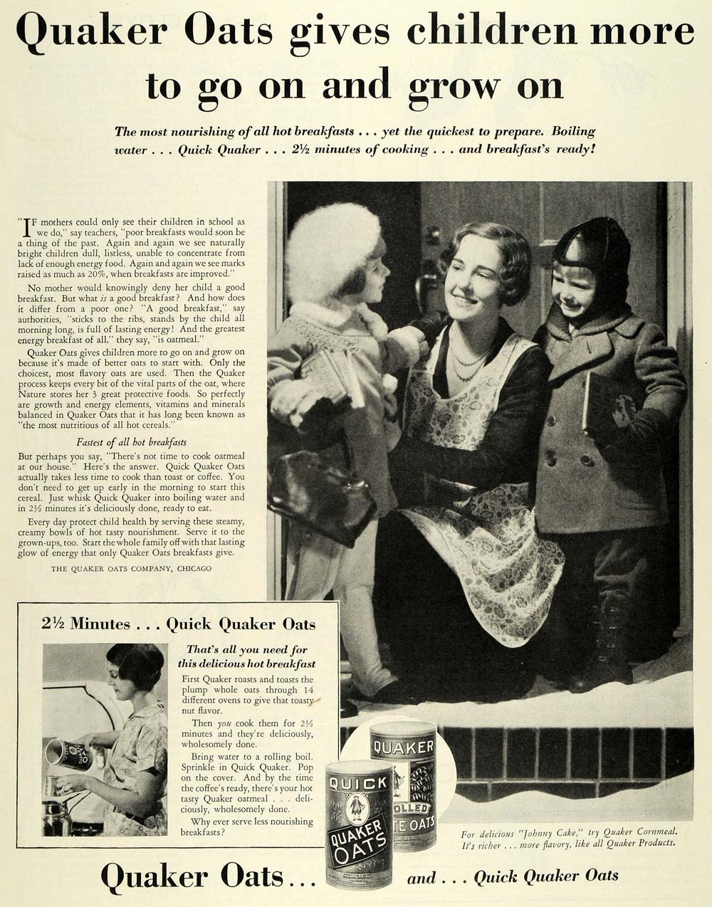 1931 Ad Quaker Oats Children Oatmeal Mother Johnny Cake - ORIGINAL MCC4