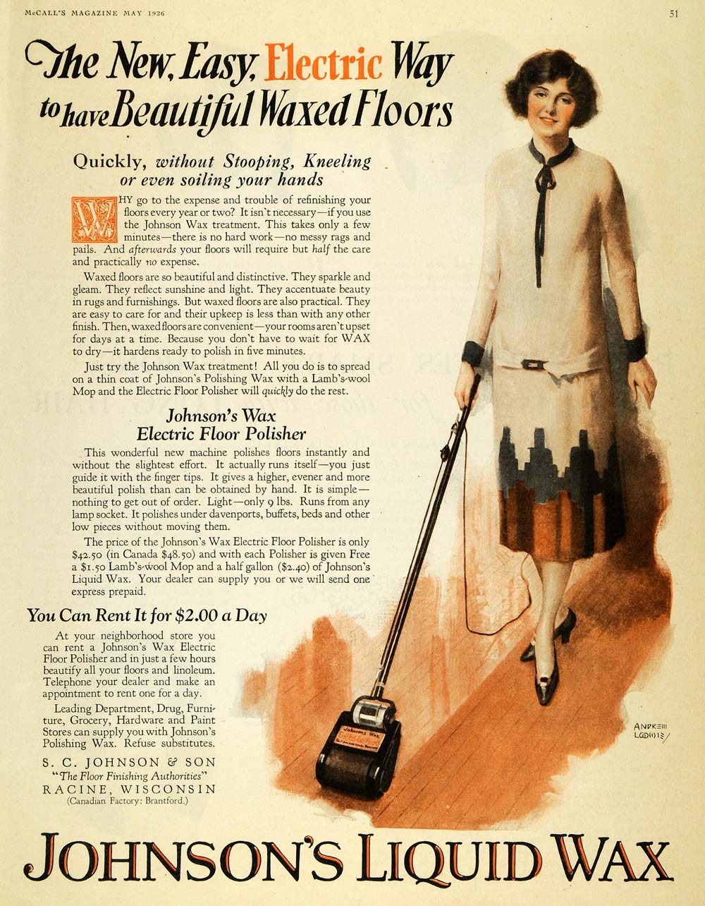 1926 Ad Johnson's Liquid Floor Wax Polisher Loomis Art - ORIGINAL MCC4