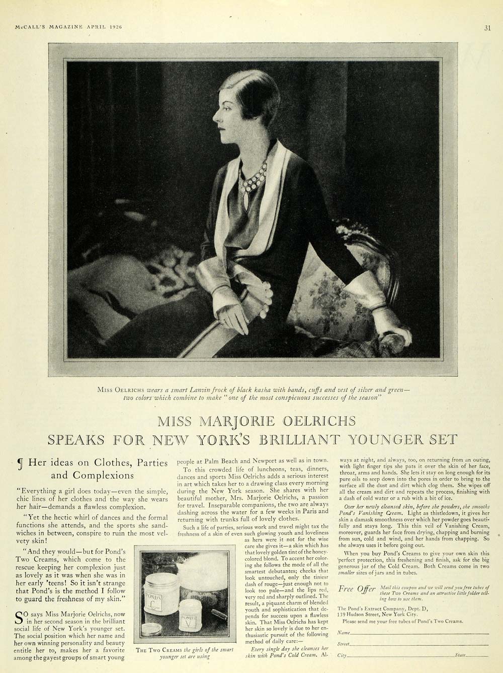 1926 Ad Marjorie Oelrichs Pond's Extract Two Creams - ORIGINAL ADVERTISING MCC4