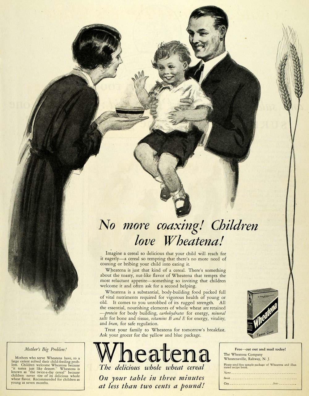 1926 Ad Wheatena Breakfast Cereal Child Mother Father - ORIGINAL MCC4