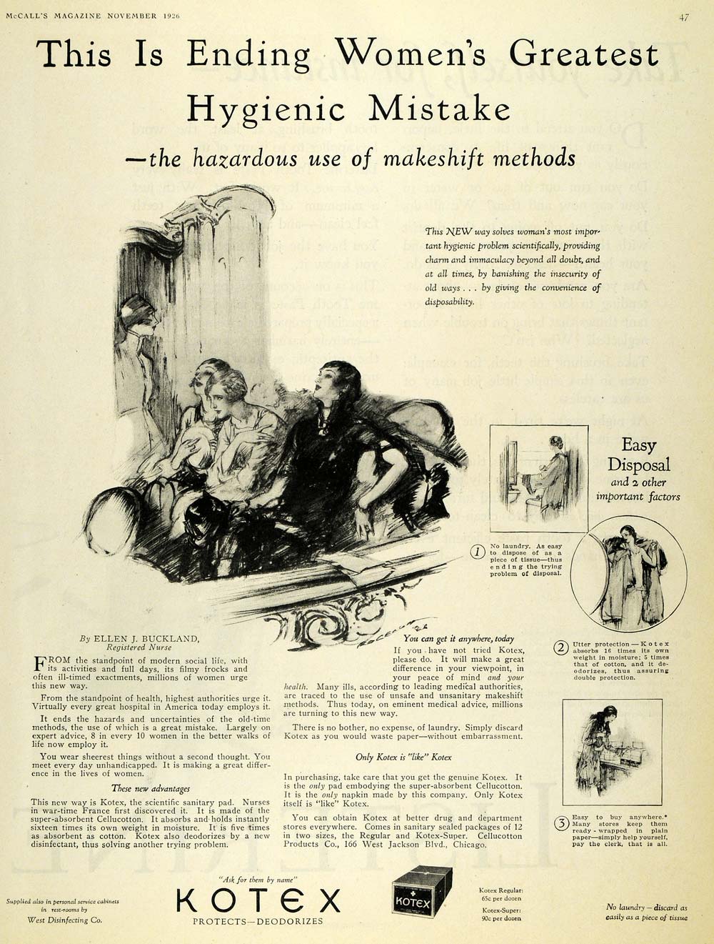 1926 Ad West Disinfecting Kotex Pads Cellucotton Price - ORIGINAL MCC4