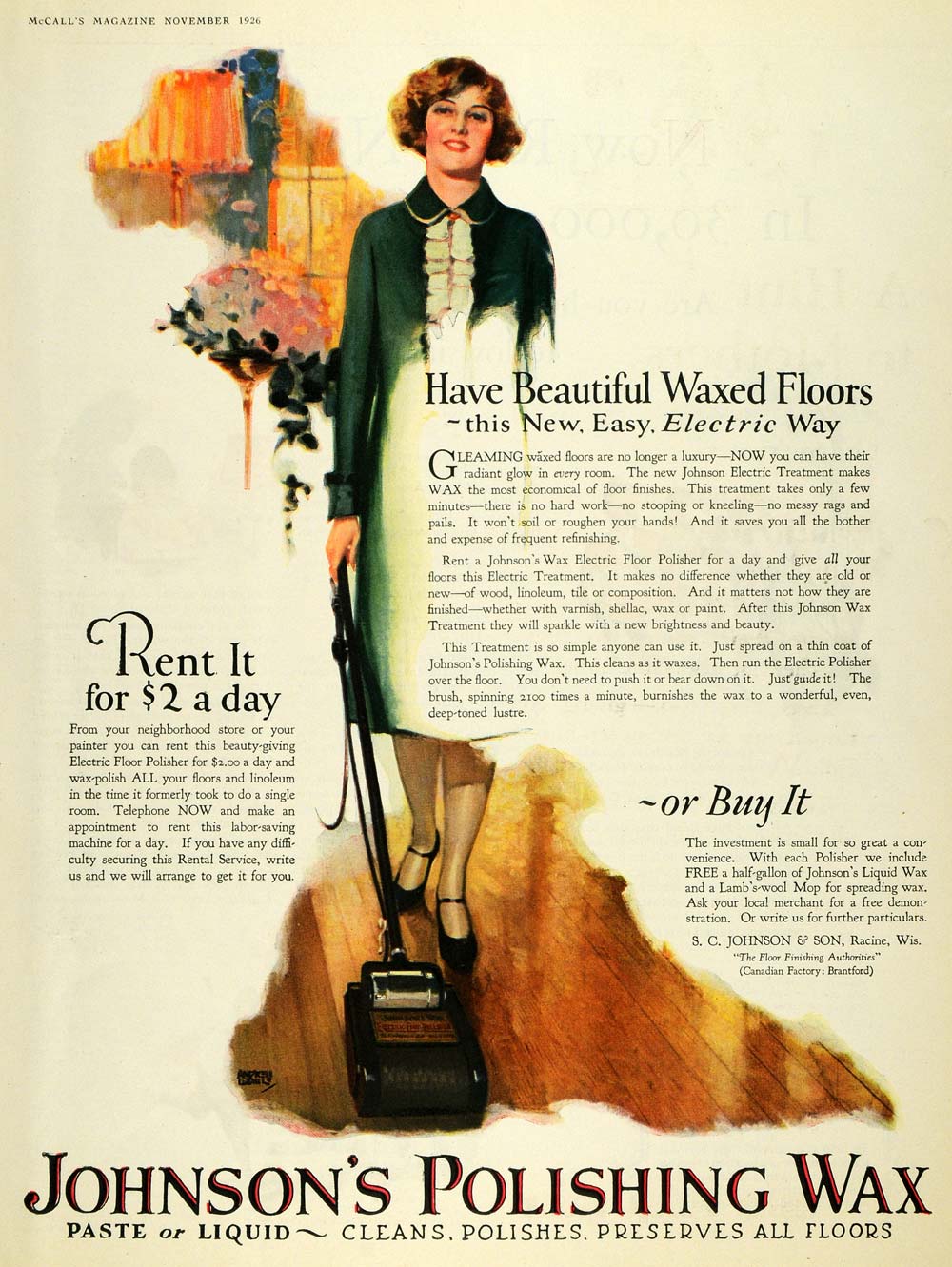 1926 Ad Racine Johnson Polishing Floor Wax Polisher - ORIGINAL ADVERTISING MCC4