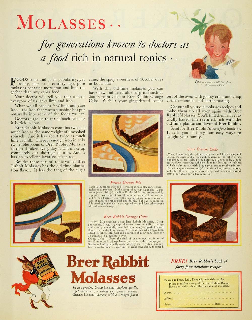 1926 Ad Brer Rabbit Molasses Recipes Sour Cream Cake - ORIGINAL ADVERTISING MCC4