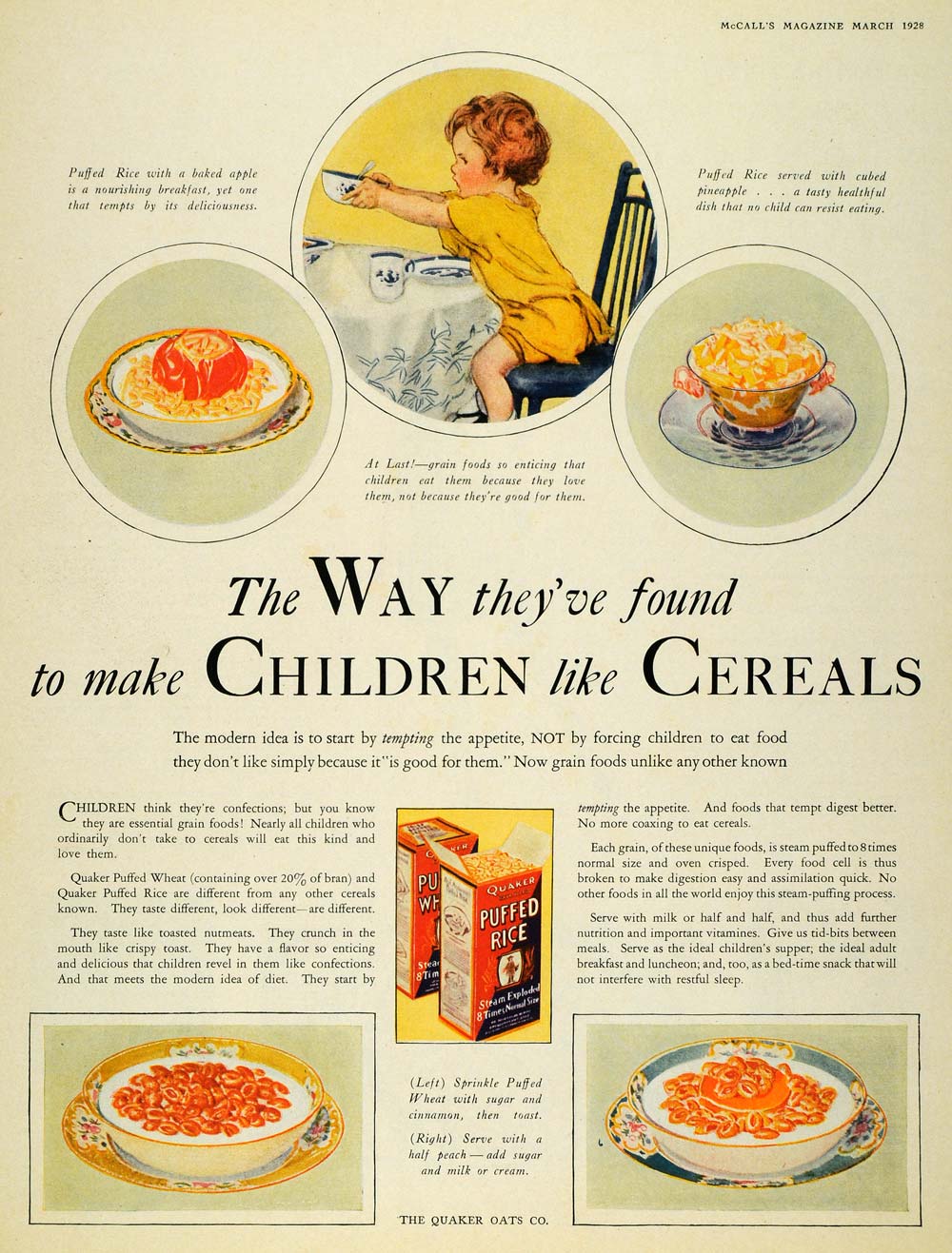 1928 Ad Puffed Rice Wheat Cereal Quaker Oats Company - ORIGINAL ADVERTISING MCC4