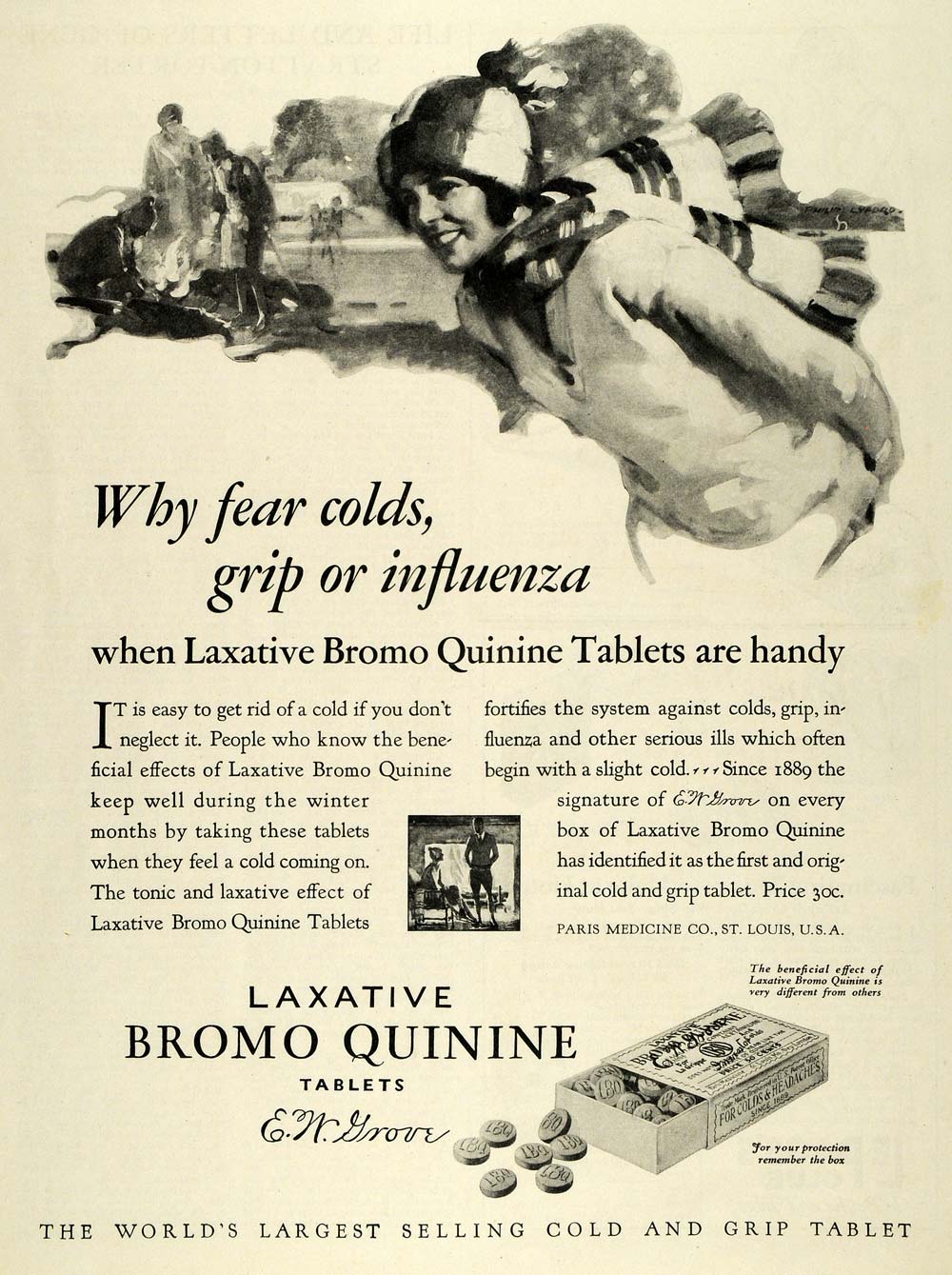 1928 Ad E W Grove Laxative Bromo Quinine Tablets Colds - ORIGINAL MCC4