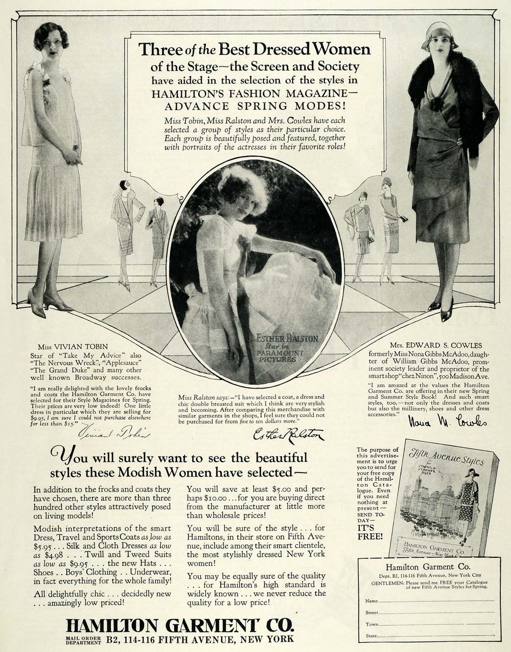 1928 Ad Hamilton Garment Co Vivian Tobin Esther Ralston - ORIGINAL MCC4