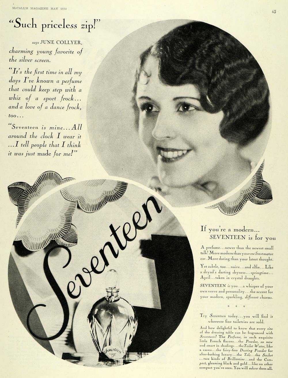 1930 Ad June Collyer Actress Seventeen Perfume Powder - ORIGINAL MCC4