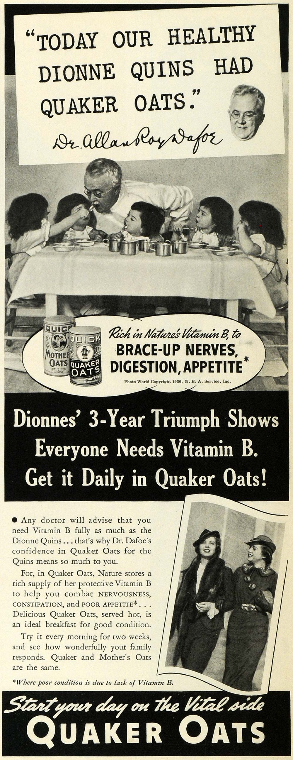 1937 Ad Dionne Quintuplets Dafoe Quaker Oats Breakfast - ORIGINAL MCC4