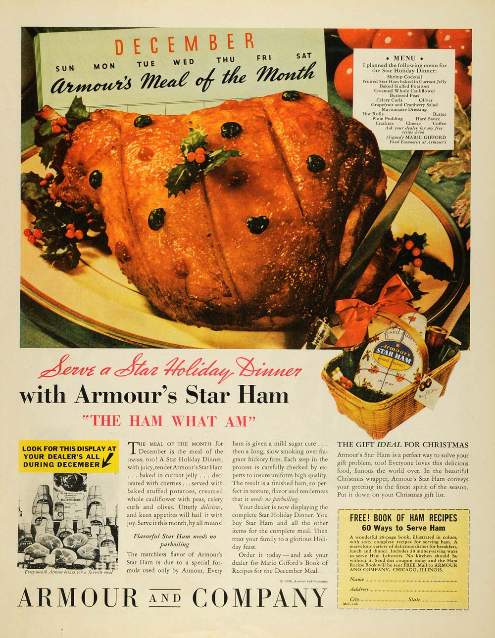 1936 Ad Armour & Co. Star Ham Christmas Meal Food - ORIGINAL ADVERTISING MCC4