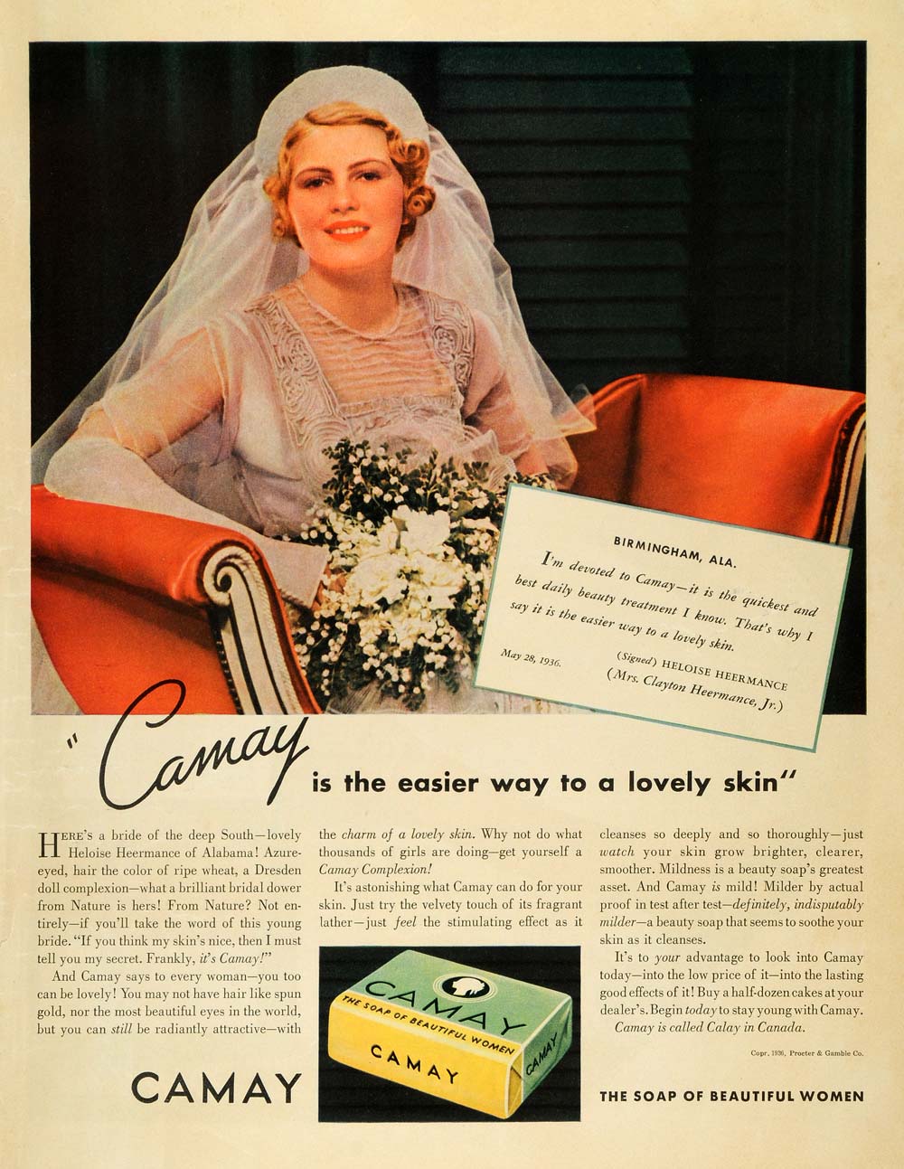 1936 Ad Procter & Gamble Co. Camay Soap Bride Dress - ORIGINAL ADVERTISING MCC4