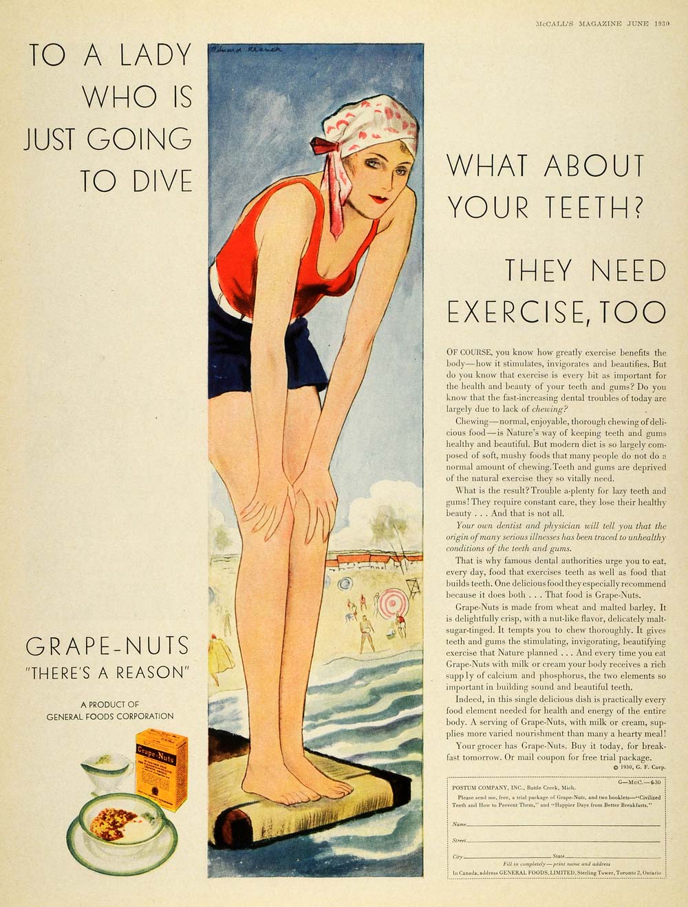 1930 Ad Postum Grape Nut Cereal Diver Art Edward Klauck - ORIGINAL MCC4