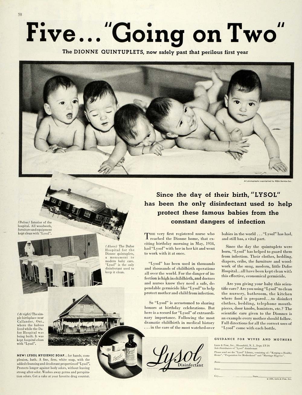 1935 Ad Lehn Fink Lysol Disinfectant Dionne Quintuplets Babies Sanitation MCC4