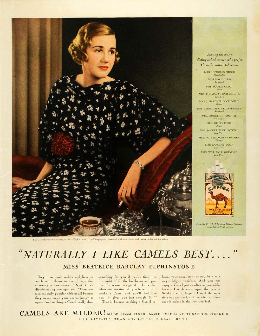 1935 Ad Reynolds Camels Beatrice Barclay Elphinstone - ORIGINAL ADVERTISING MCC4