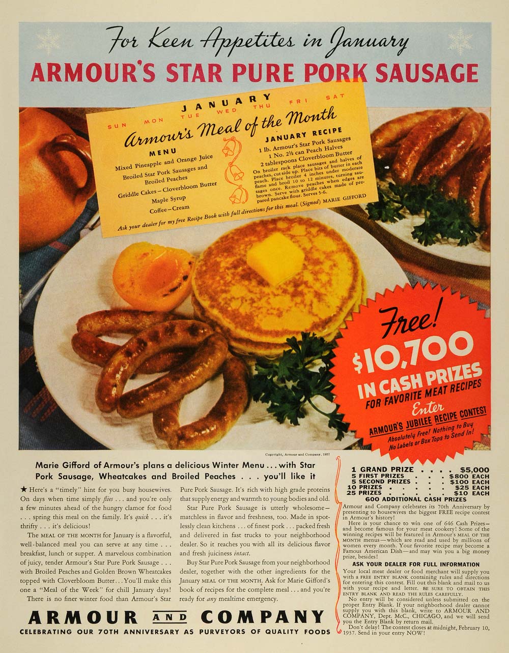 1937 Ad Armour Star Pure Pork Sausage Links Breakfast - ORIGINAL