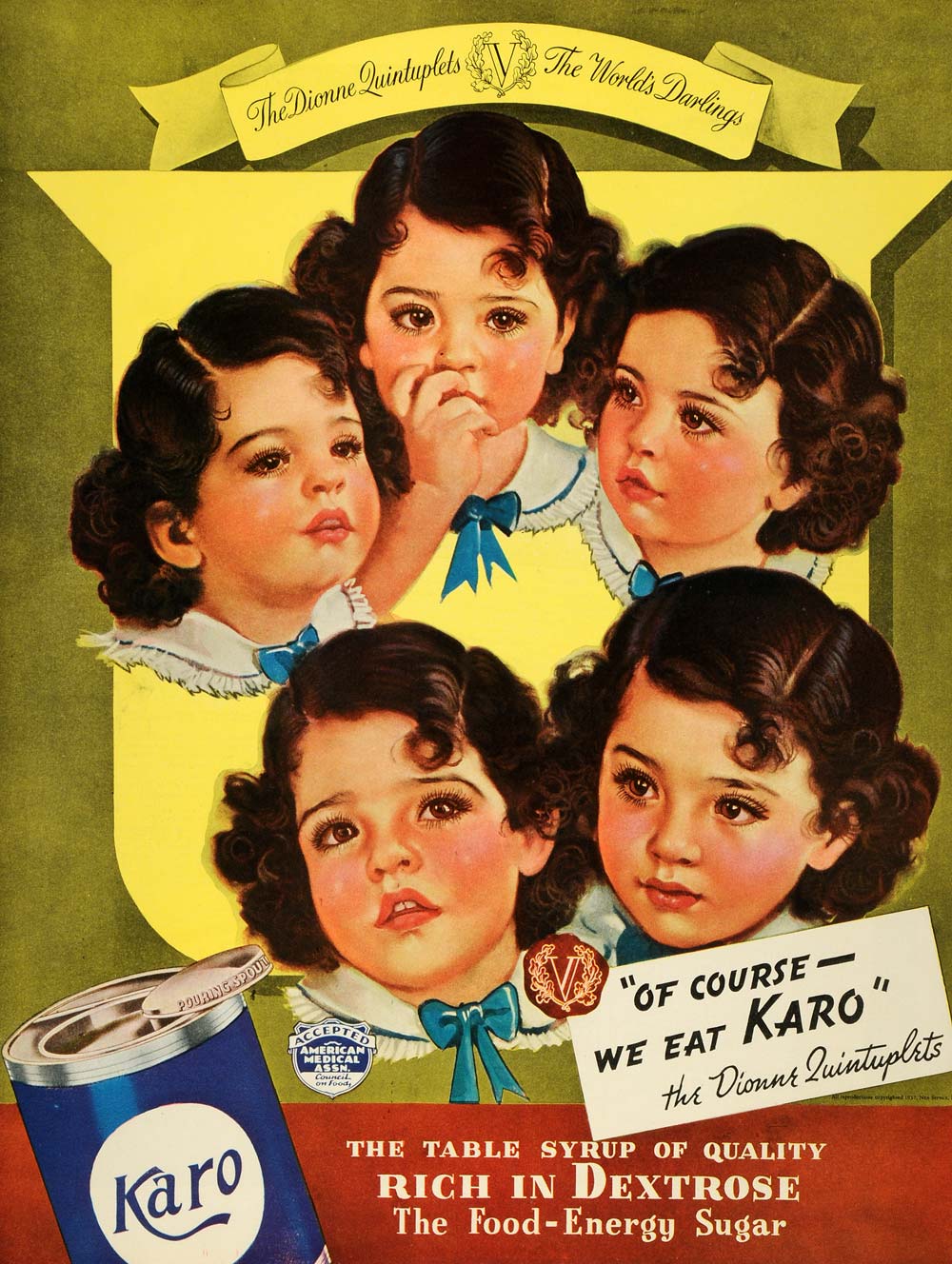 1937 Ad Karo Table Sugar Syrup Dionne Quintuplet Girls - ORIGINAL MCC4