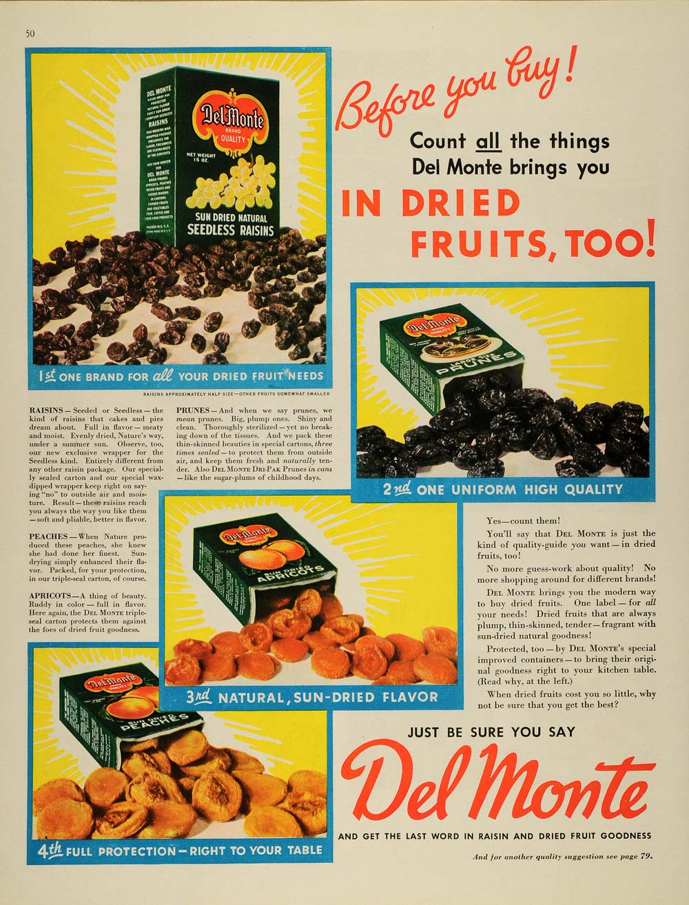 1937 Ad Del Monte Sun Dried Raisins Prune Apricot Peach - ORIGINAL MCC4