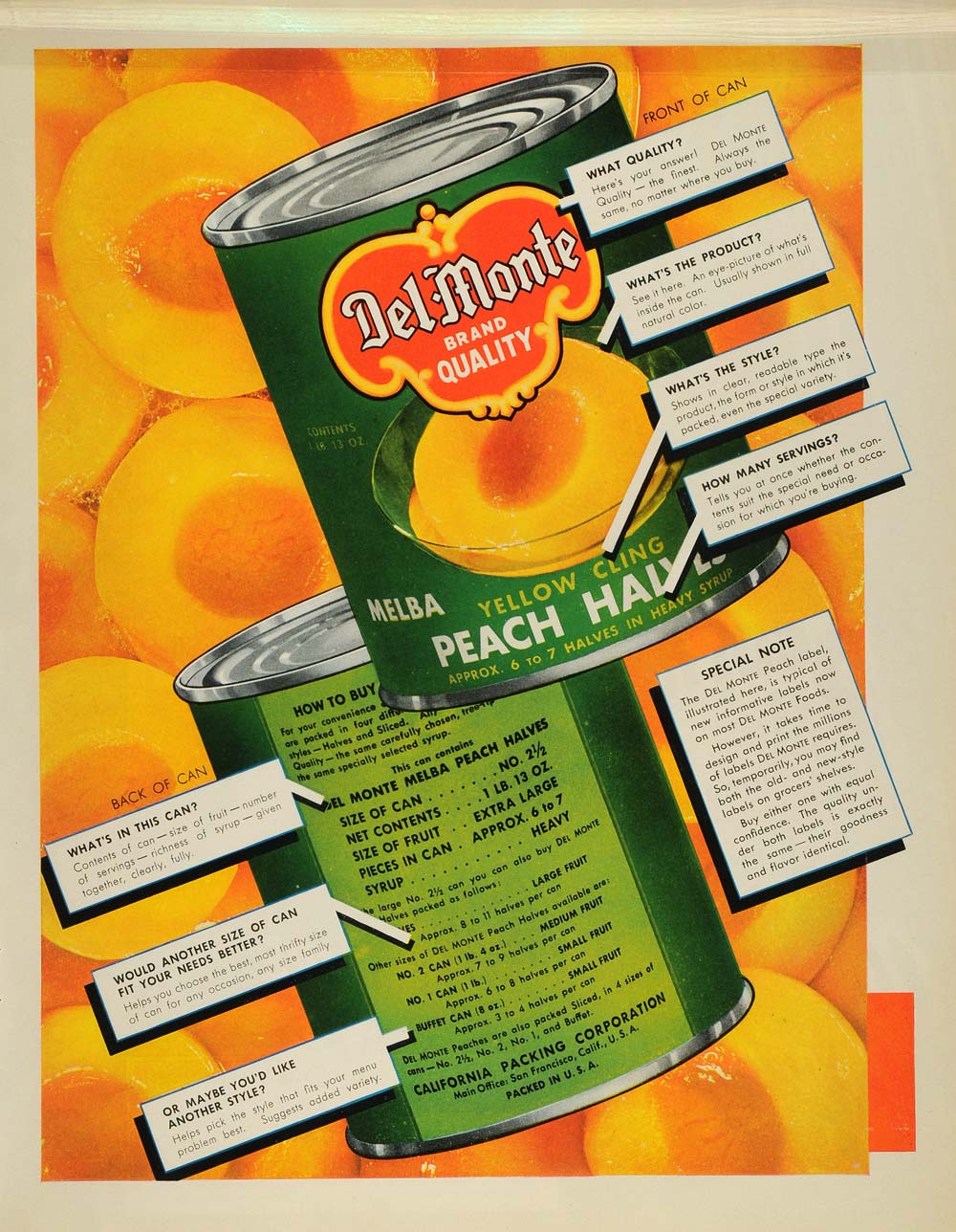 1937 Ad Del Monte Can Food Nutrition Informative Labels - ORIGINAL MCC4
