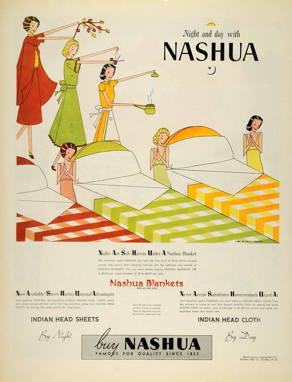 1937 Ad Nashua Indian Sheets Cloth Blankets Bed Girls - ORIGINAL MCC4
