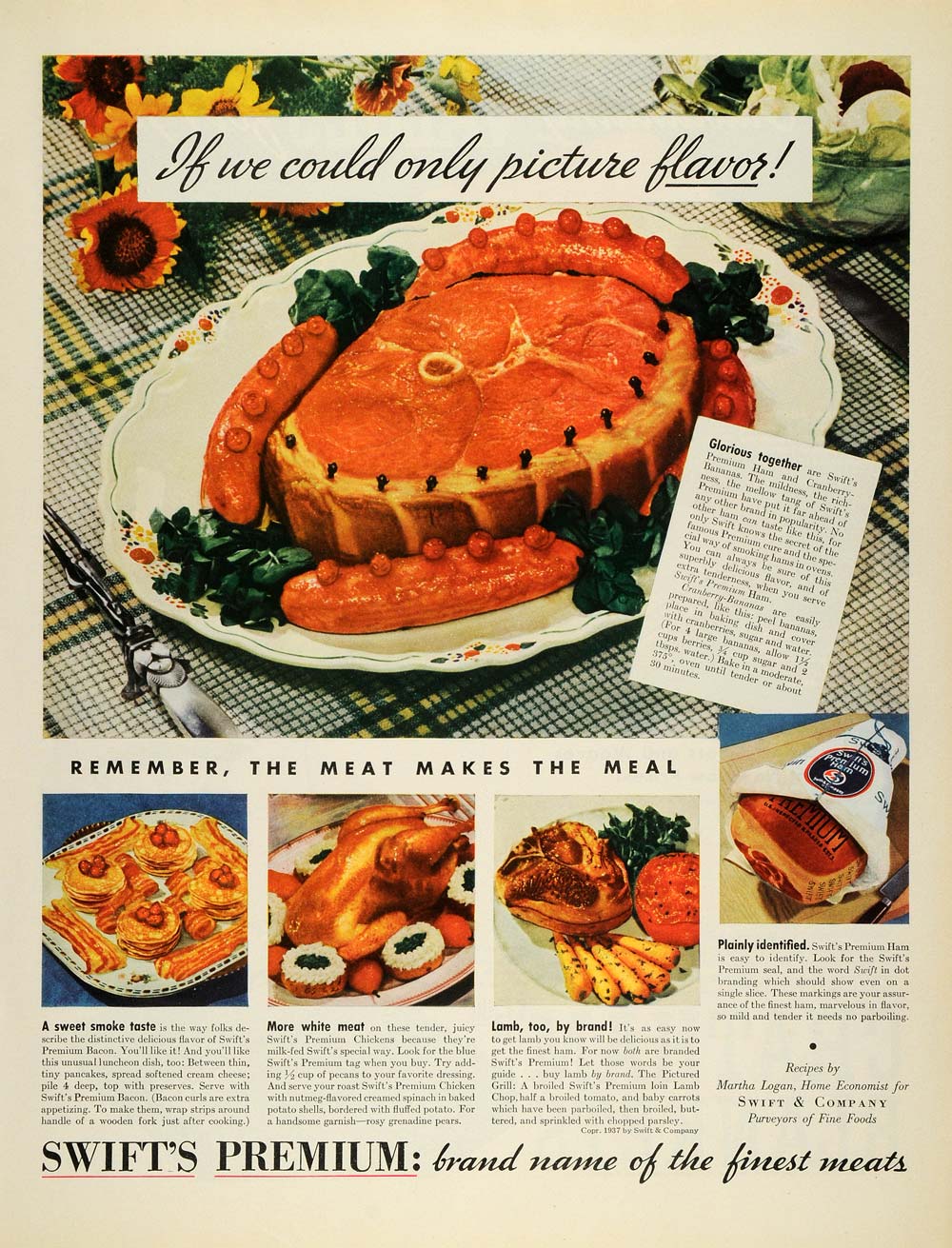 1937 Ad Swift Premium Meat Bacon Chicken Ham Meal Table - ORIGINAL MCC4
