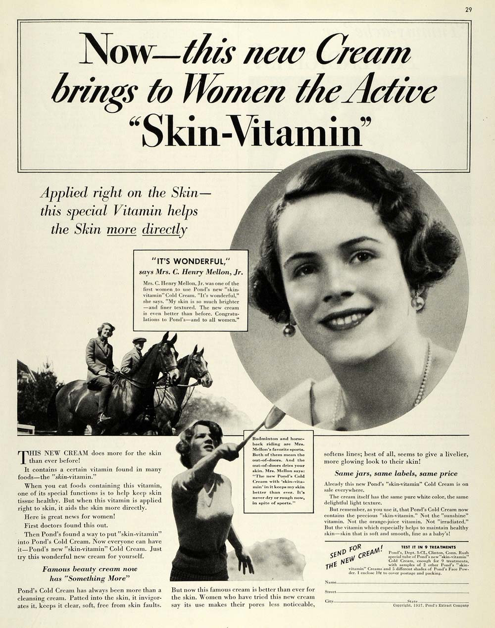 1937 Ad Pond's Skin Vitamin Cream Mrs. Mellon Horseback - ORIGINAL MCC4