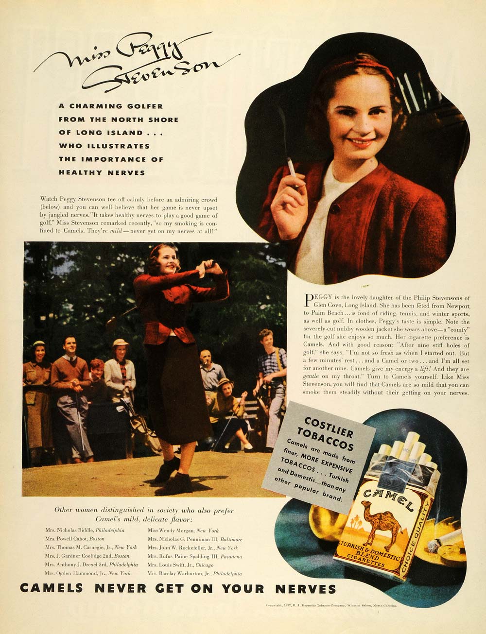1937 Ad Reynolds Tobacco Camels Peggy Stevenson Golfer - ORIGINAL MCC4