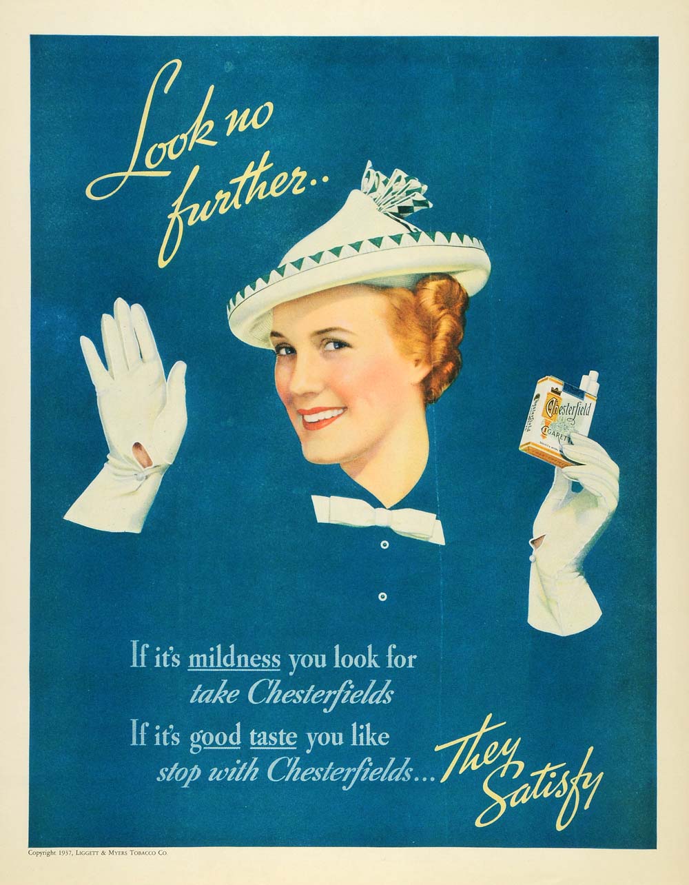 1935 Ad Liggett Chesterfield Cigarette Gloves Lady Hat - ORIGINAL MCC4