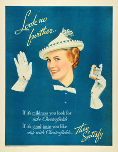 1935 Ad Liggett Chesterfield Cigarette Gloves Lady Hat - ORIGINAL MCC4