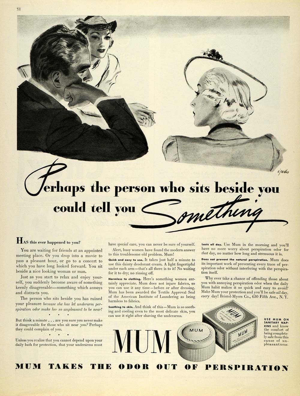 1937 Ad Bristol-Myer Mum Deodorant Napkin Art Al Parker - ORIGINAL MCC4