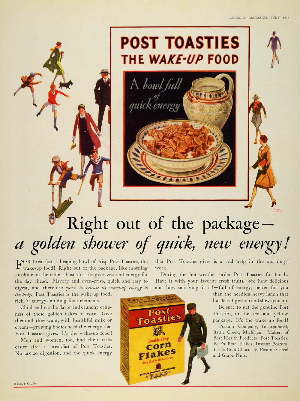 1928 Ad Post Toasties Cereal Corn Flakes Golden Shower - ORIGINAL MCC4
