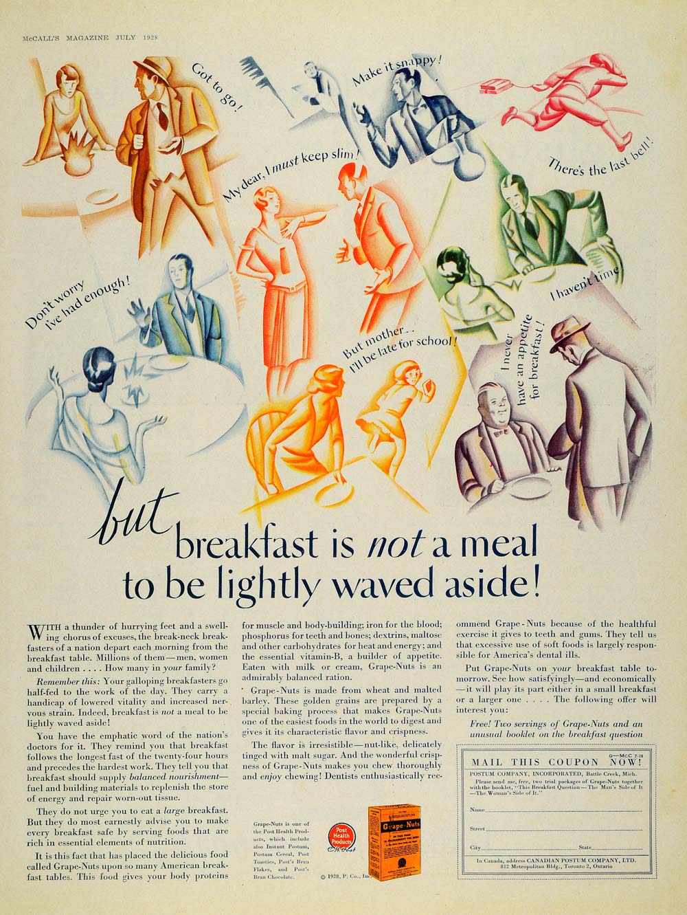 1928 Ad Postum Grape Nuts Cereal Health Food Breakfast - ORIGINAL MCC4