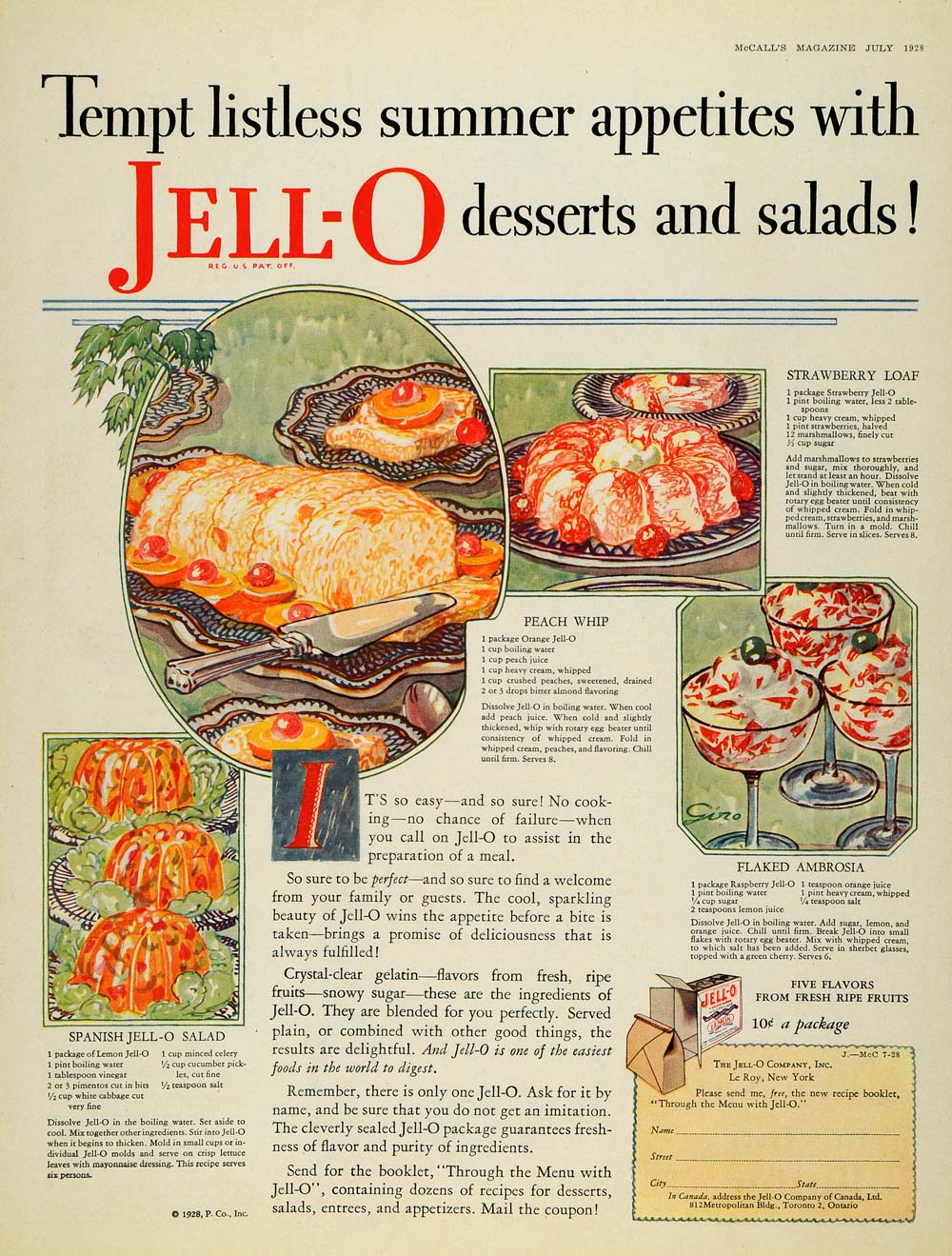 1928 Ad Jello Desserts Salads Recipes Flaked Ambrosia - ORIGINAL MCC4