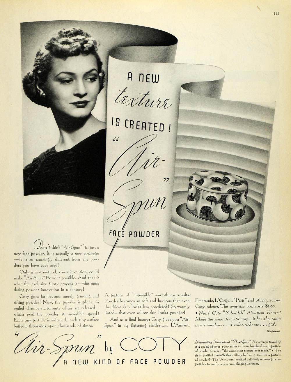1937 Ad Air Spun Face Powder Coty Cosmetics Pricing - ORIGINAL ADVERTISING MCC4