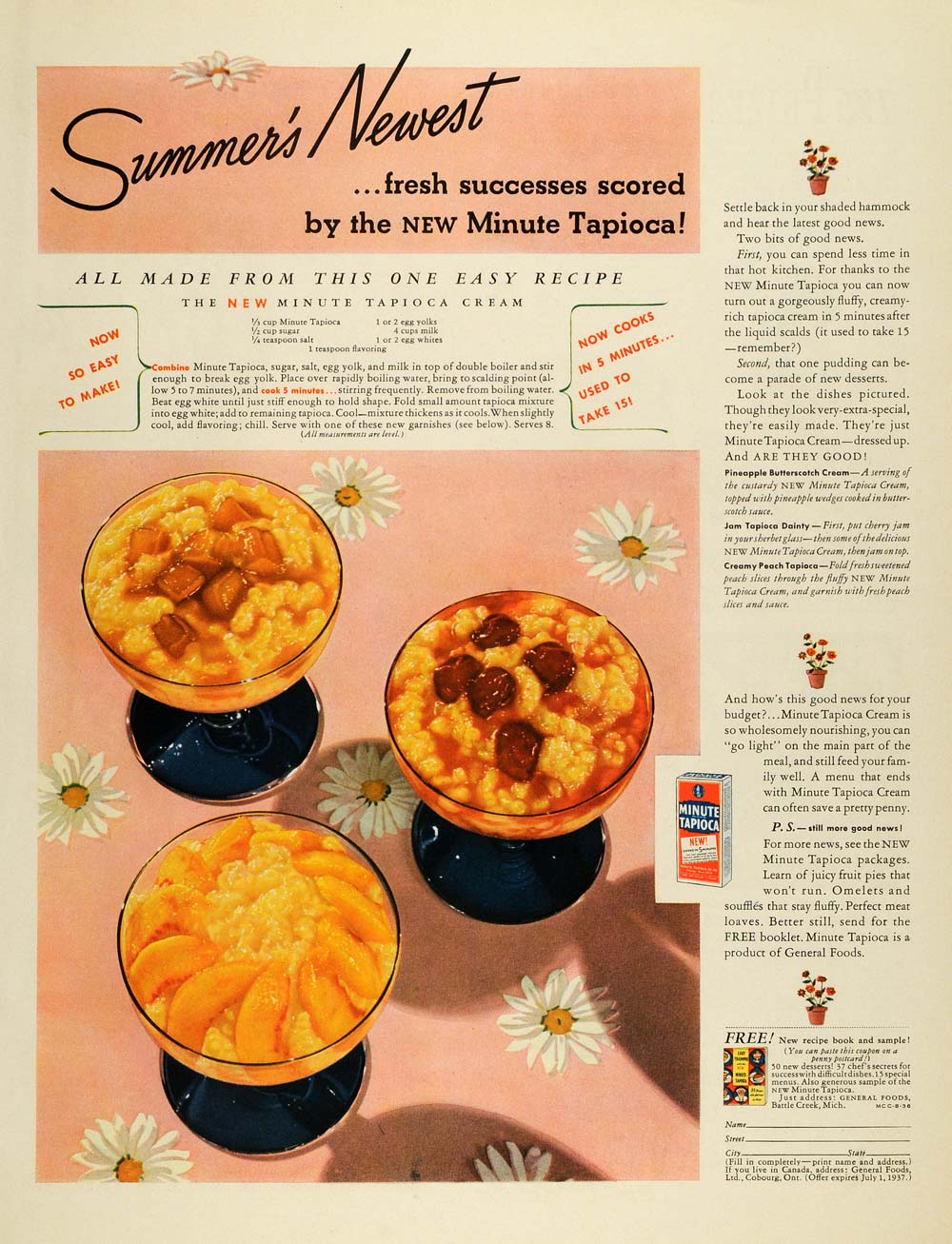 1936 Ad Minute Tapioca Cream Recipe General Foods Mich. - ORIGINAL MCC4