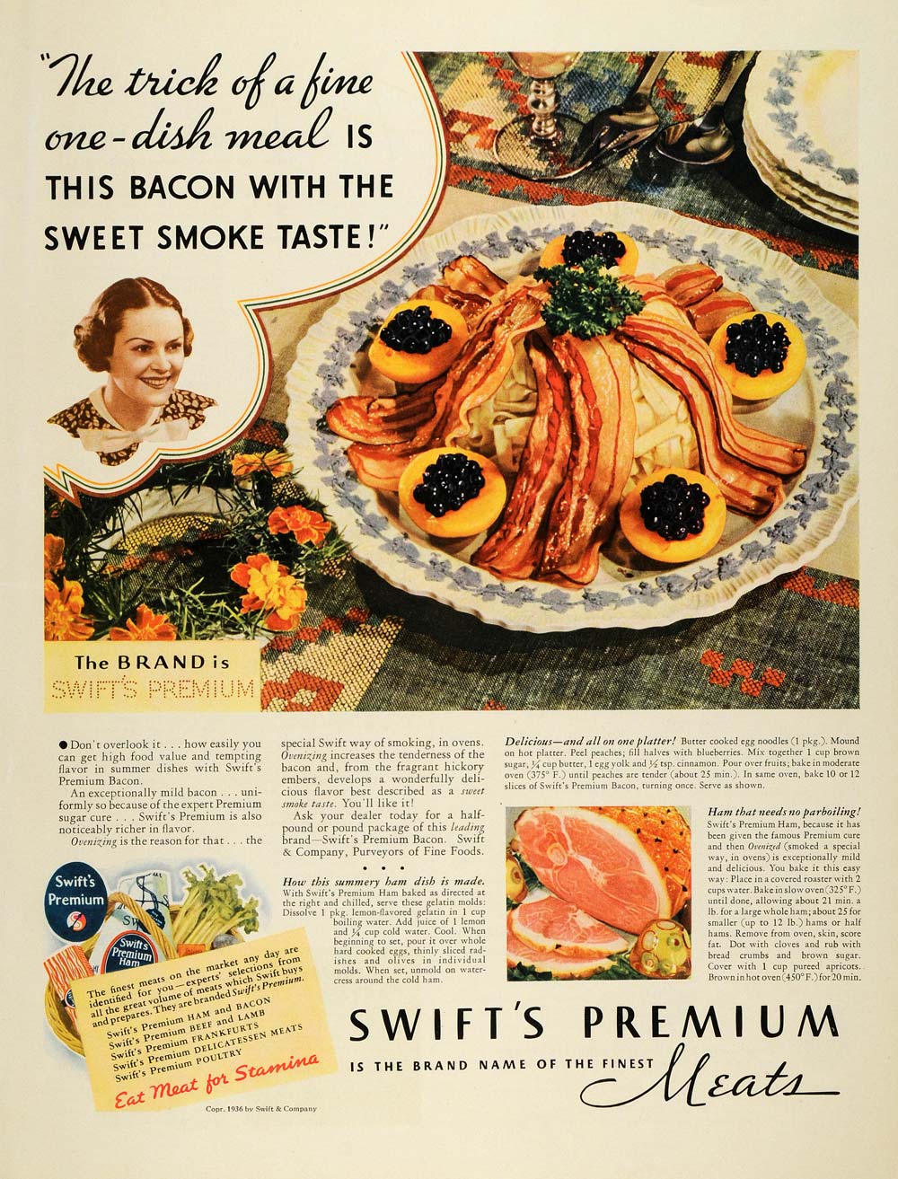 1936 Ad Swift's Premium Meat Bacon Ham No Parboiling