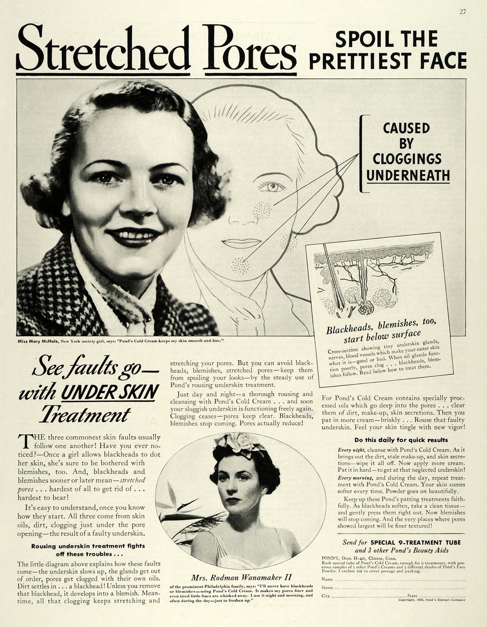 1936 Ad Skin Pond's Cold Cream Mrs. Rodman Wanamaker II - ORIGINAL MCC4