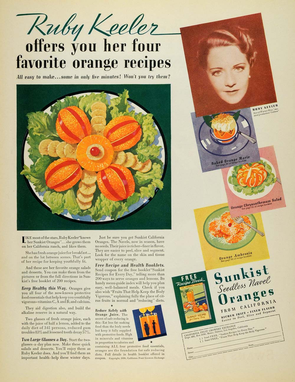 1936 Ad Sunkist Naval Oranges Ruby Keeler Warner Bros. - ORIGINAL MCC4