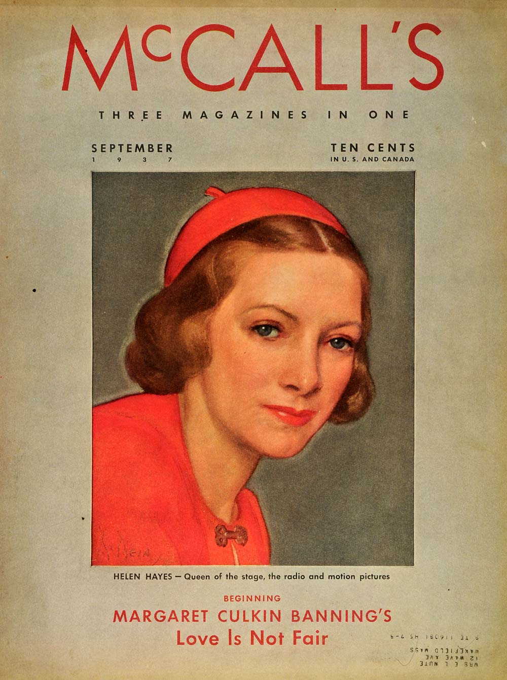 1937 Cover McCall's Helen Hayes Actress Neysa McMein - ORIGINAL MCC5