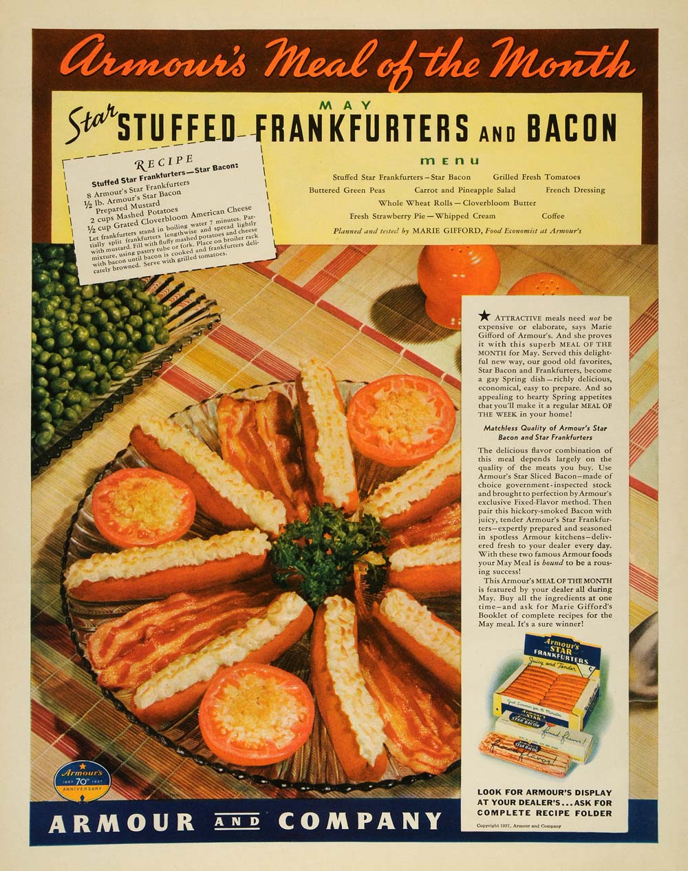 1937 Ad Armour Meat Stuffed Frankfurters Bacon Recipe - ORIGINAL MCC5