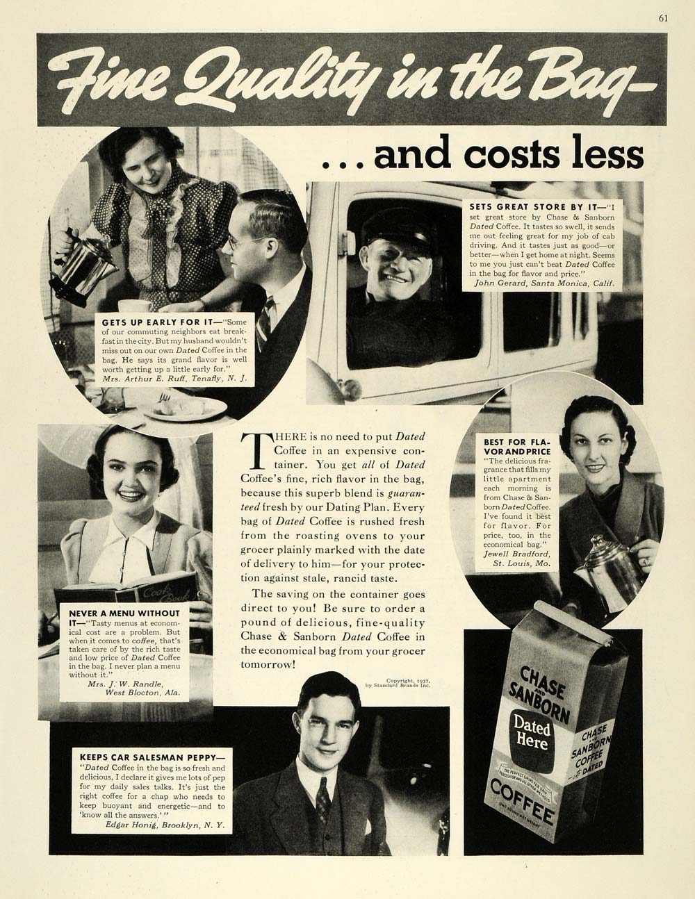 1937 Ad Edgar Honig Chase and Sanborn Dated Coffee Bag - ORIGINAL MCC5