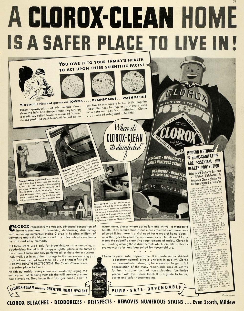 1937 Ad Clorox Clean Disinfectant Bleach Science Facts - ORIGINAL MCC5