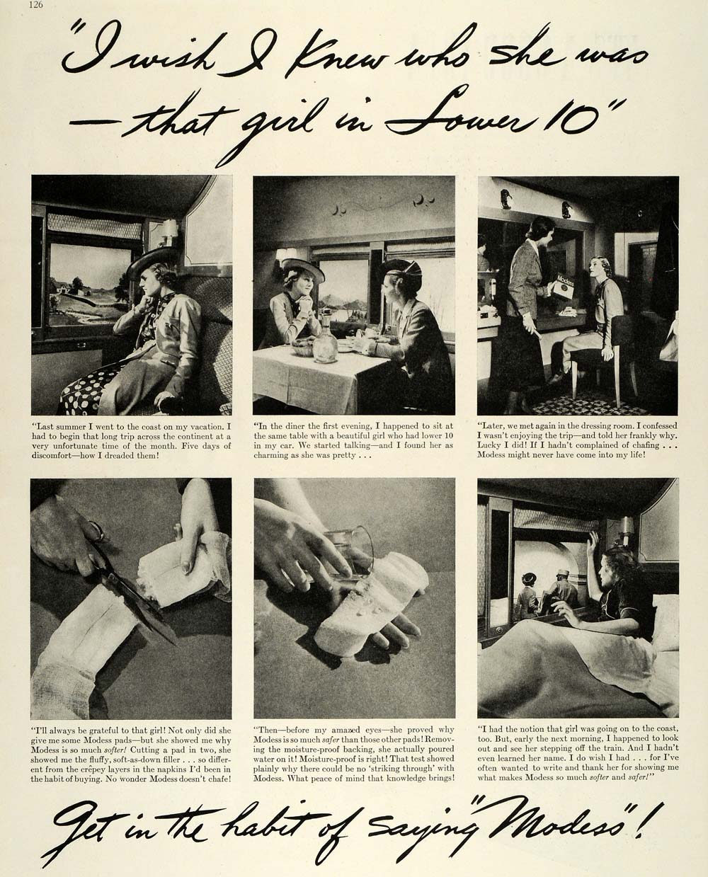 1937 Ad Modess Pads Train Travel Feminine Products - ORIGINAL ADVERTISING MCC5