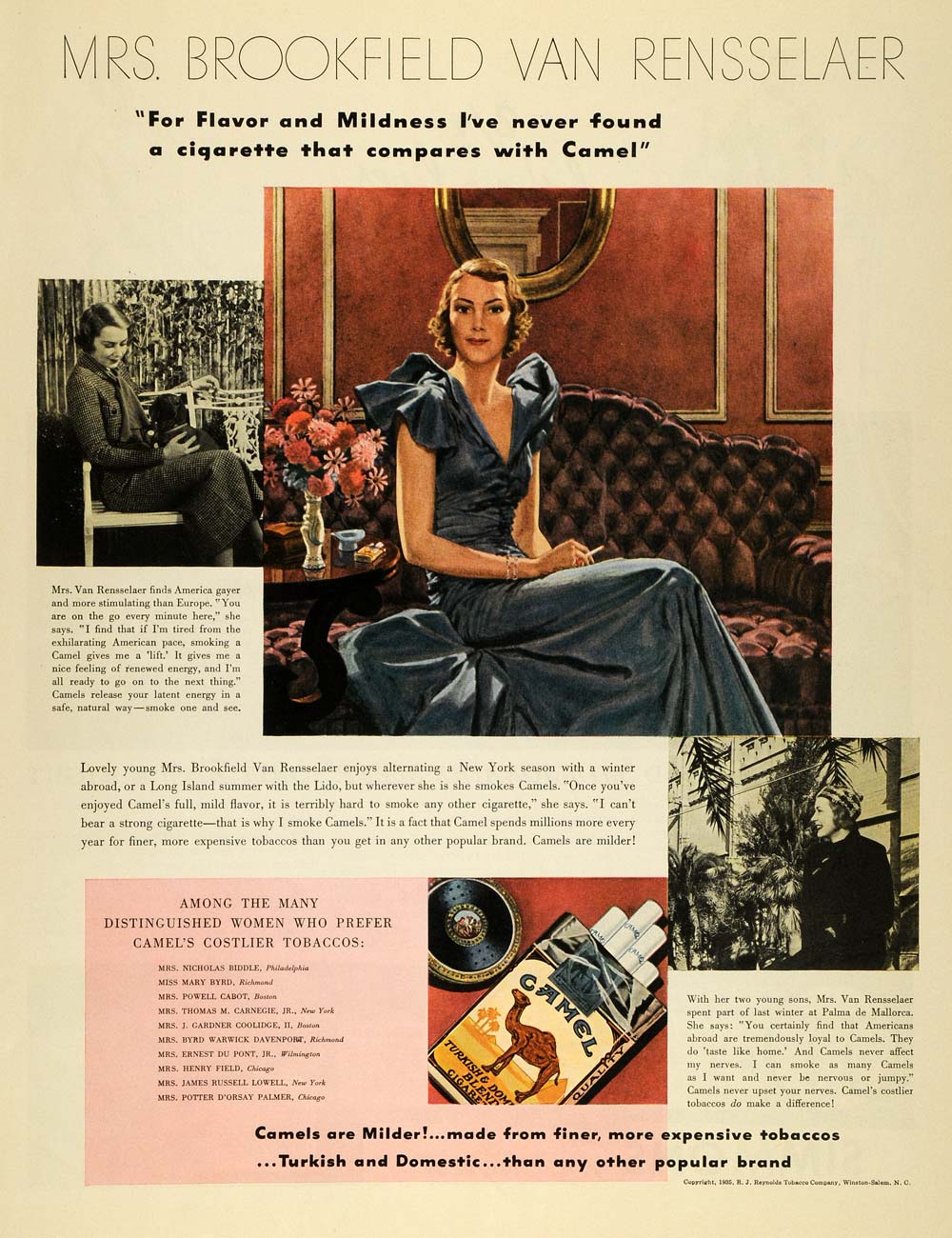 1935 Ad Mrs Brookfield Van Rensselaer Camel Cigarettes - ORIGINAL MCC5